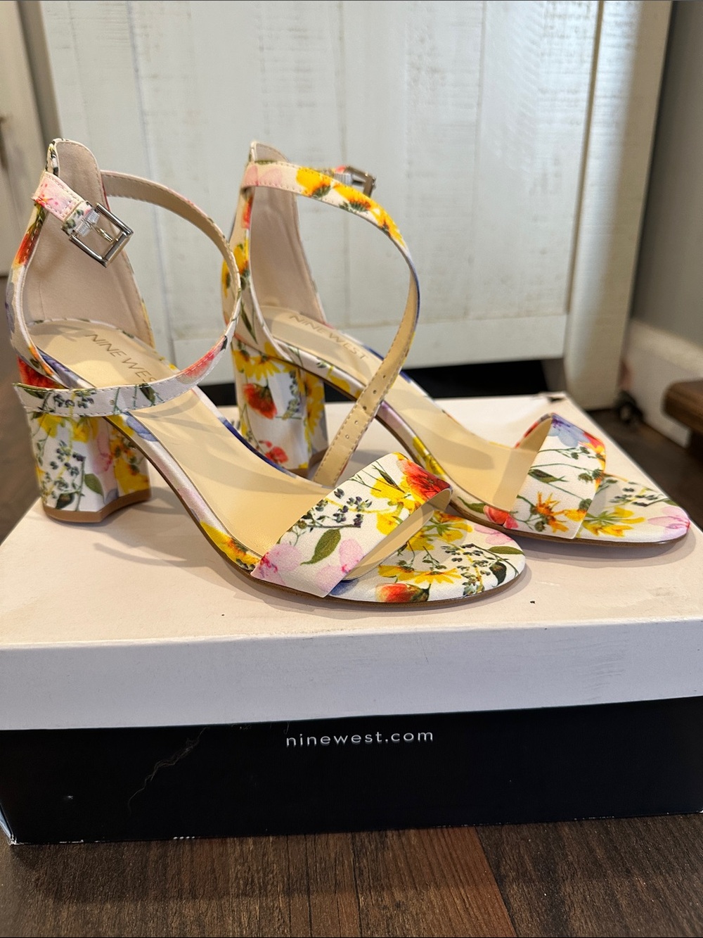 Nine West Floral Block Heel Sandals - Yellow Multi Floral